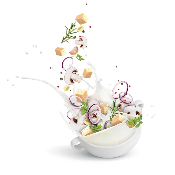 Cremige Sahnesuppe in einem Teller mit Käse, Pilzen, Zwiebeln und Gewürzen. Flugrezept. Vektor 3D realistische dynamische Komposition isoliert auf weißem Hintergrund. — Stockvektor