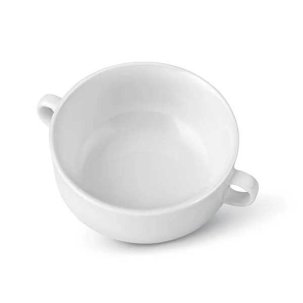 スープ用ハンドル付きのホワイトディーププレート。食事のためのリーンキッチン用品。白い背景に切り取られたベクトル3Dリアルなイラスト. — ストックベクタ