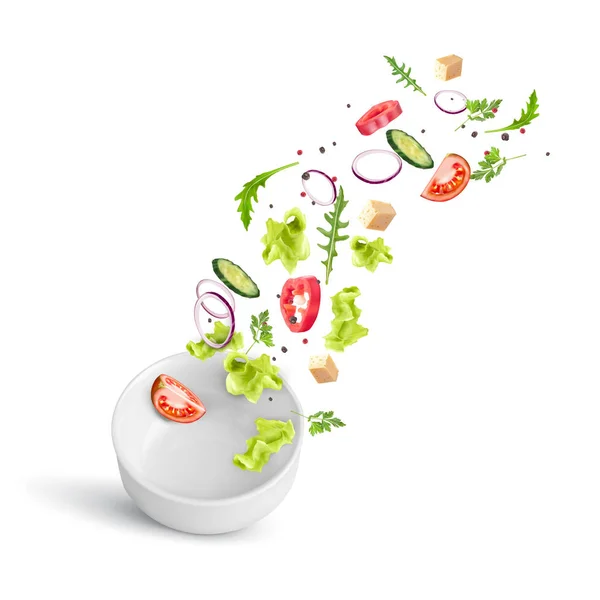 Salade de légumes frais d'été tombant dans une assiette profonde en porcelaine blanche. Composition vectorielle dynamique isolée sur fond blanc . — Image vectorielle