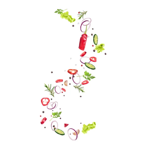 Swirls of lettuce, fresh vegetables, spices.Presentation of the dish, recipe, healthy nutrition, vegetarianism. Vector 3d realistic dynamic composition on white background. — Stock Vector