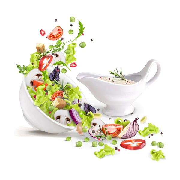 Overturned plate with fresh vegetable salad and gravy boat with sauce. Vector 3d realistic illustration isolated on white background. — Stock Vector
