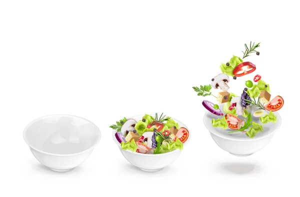 Jogo de prato profundo vazio com salada de alface e verduras frescas e salada lançada em um prato. Vector 3d composição dinâmica realista isolado no fundo branco . — Vetor de Stock