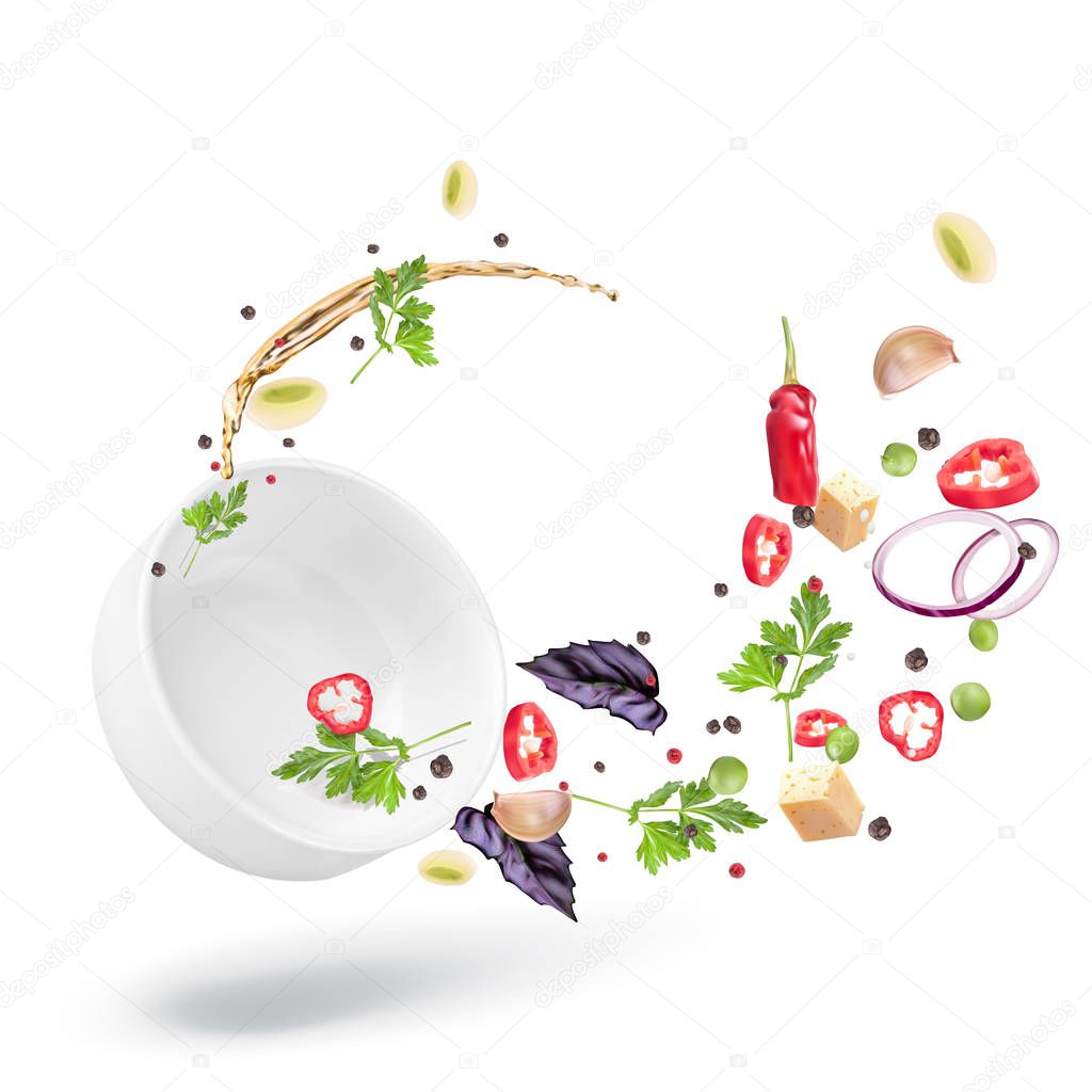 Dynamic composition of a deep white plate and salad dressed with vegetable oil. Healthy nutrition, vegetarianism. Vector 3d realistic illustration isolated on white background.