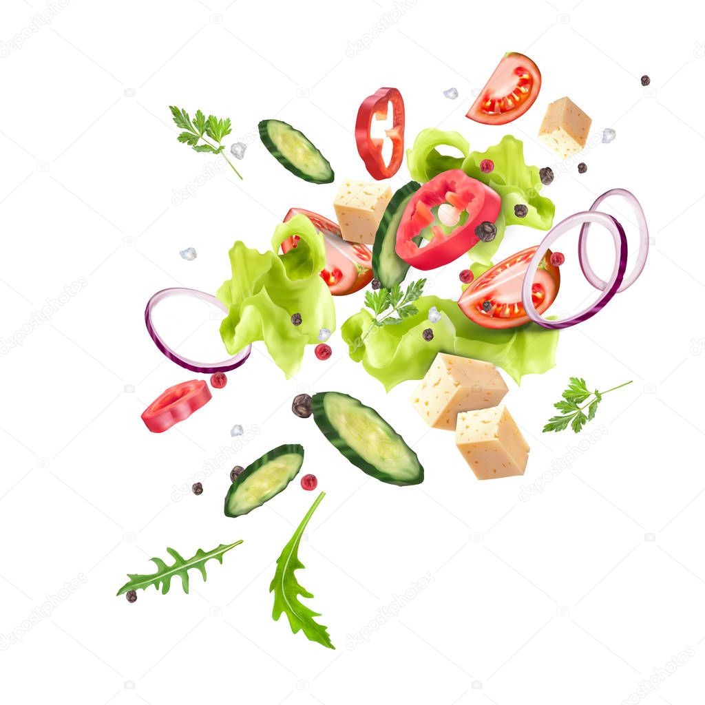 A splash of fresh vegetable salad. Vegetarianism, vitamins, healthy nutrition, diet. Vector 3d realistic dynamic composition isolated on white background.