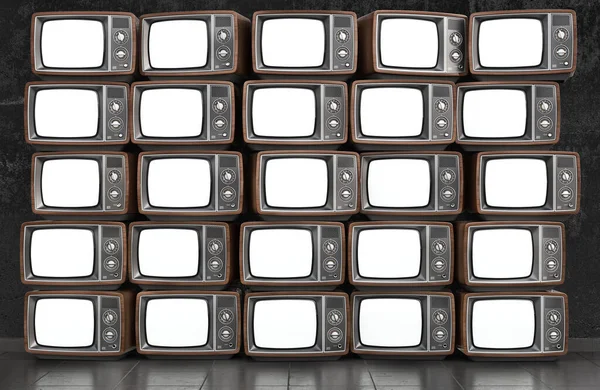 Стіна старих телевізорів з білим екраном. 3d ілюстрація — стокове фото
