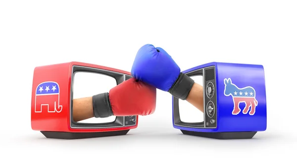 Old TVs with fight hands in usa political parties texture. 3d illustration — 스톡 사진