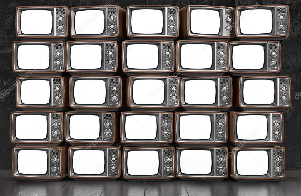 Wall of old TVs with white screen. 3d illustration