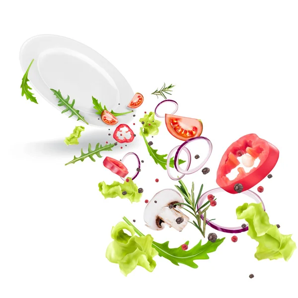Friss zöldségsaláta dinamikus összetétele, amely lapos fehér tányérból repül ki. Bemutatása az étel, egészséges táplálkozás, vegetáriánus. Vector 3d reális illusztráció fehér háttér. — Stock Vector