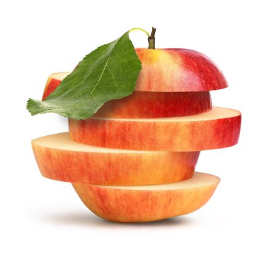 RW apple sliced with leaf on a white background
