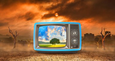 Lie concept. Oasis in the screen of old TV in apocalypse. 3d illustration