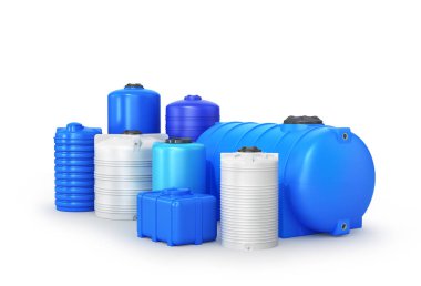 types of plastic water storage tank. 3D illustration clipart