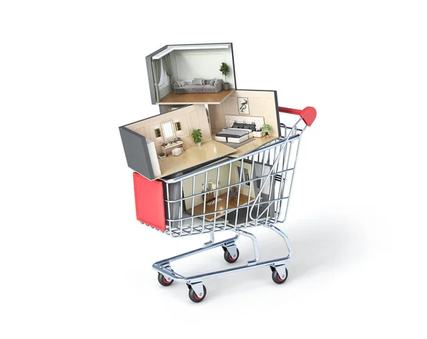 Interiors stacked in a market trolley, 3d illustration — Stockfoto
