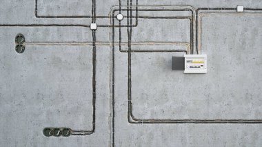 Beton duvarda elektrik kabloları ve telefon santrali, üç boyutlu illüstrasyon