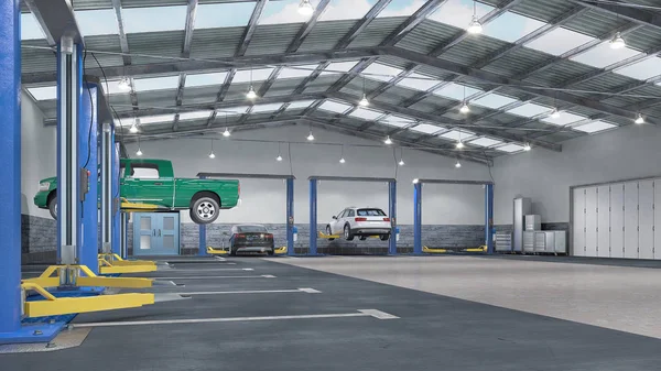 Garage interior with car lift. 3d illustration