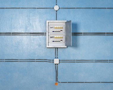 Kablolar, anahtar kutusu, bağlantı kutuları ve duvardaki soket, 3D illüstrasyon