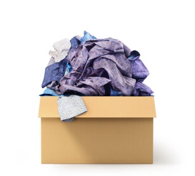 Karton kutu beyaz arka plan üzerinde izole giysileri ile. Bağış.