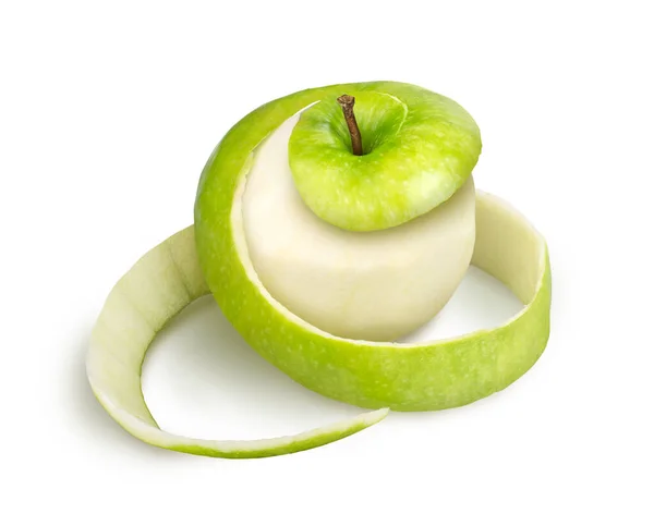 Pomme Pelée Avec Écorce Sur Fond Blanc — Photo