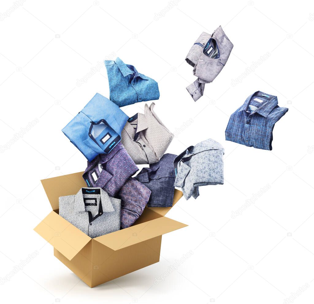 Shirts fly out from a cardboard box isolated on a white background. Donation.