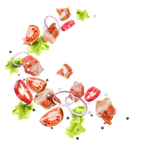 Schweinefleisch Tomaten Paprika Zwiebeln Salat Und Gewürze Fliegen Kreis Fleischrezept — Stockvektor