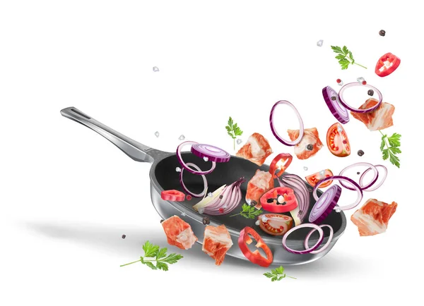 鍋に紫玉ねぎとパプリカを入れた豚肉を入れます 豚肉の肉のレシピ 白い背景に孤立したベクトル動的組成 — ストックベクタ