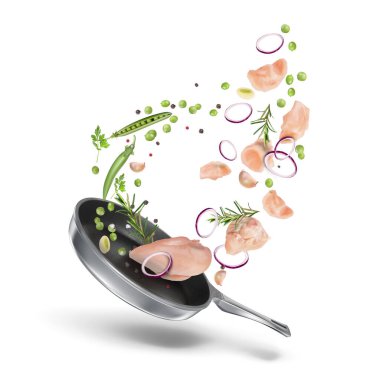 Soğanlı tavuk eti, yeşil bezelye, biberiye, maydanoz ve tavaya düşen baharatlar. Beyaz arkaplanda izole edilmiş vektör 3d gerçekçi bileşimi.