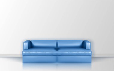 Blue leather luxury sofa for modern living room. Realistic vector illustration