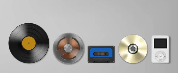 Vývoj Technologie Koncept Vinylová Deska Páska Disk Mp3 Přehrávač Šedém — Stockový vektor