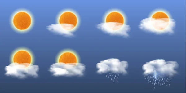 Icône Météo Avec Nuages Soleil Gouttes Pluie Éclairs Etc Illustration — Image vectorielle