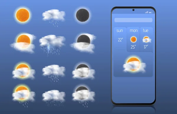 Icône Météo Avec Nuages Soleil Gouttes Pluie Éclairs Etc Illustration — Image vectorielle