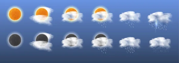 Ícone Previsão Tempo Definido Com Nuvem Sol Gotas Chuva Relâmpagos —  Vetores de Stock