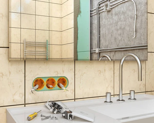 Banyodaki Prizleri Elektrik Kablolarını Değiştirme Süreci Boyutlu Illüstrasyon — Stok fotoğraf