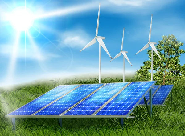 太阳和风的生态能量 太阳能电池和风车 阳光灿烂的日子 矢量说明 — 图库矢量图片