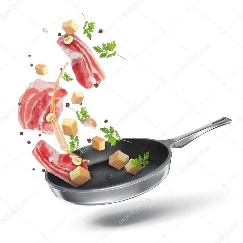 Vector composition with flying slices of bacon, cheese and onions fried in vegetable oil with spices. 3d realistic illustration isolated on white background.