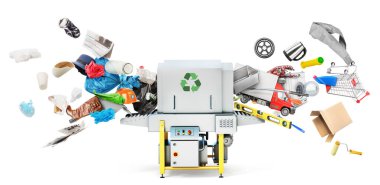 Recyclable concept. Garbage and waste are recycled into usual products. Eco concept. clipart