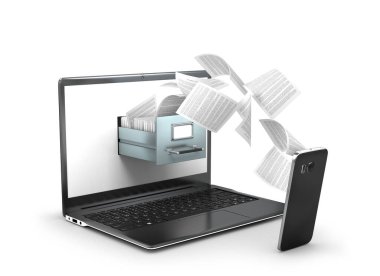 Veri iletimi kavramı. Laptop arşivinden cep telefonuna doküman uçurmak. 3d illüstrasyon