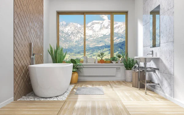 Badezimmer Mit Holzwand Fußboden Und Blumen Illustration — Stockfoto