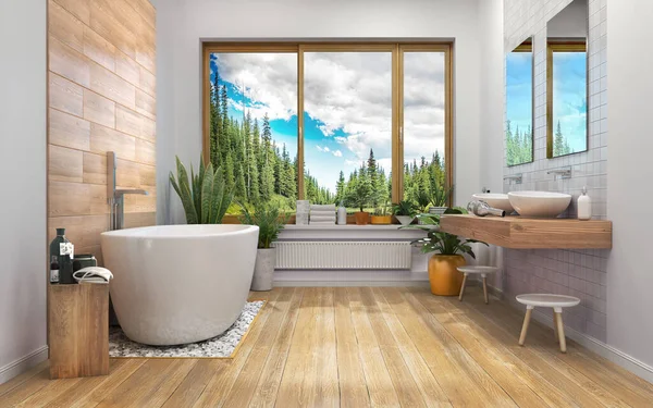 Badezimmer Mit Holzwand Stühlen Und Blumen Illustration — Stockfoto