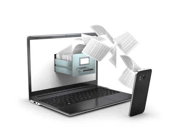 Conceito Transmissão Dados Voando Documentos Arquivo Laptop Para Telefone Celular — Fotografia de Stock