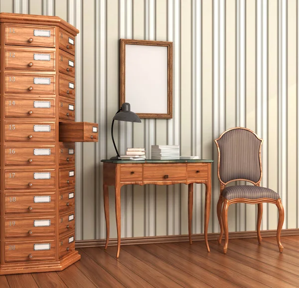 档案室 房间里有老式木制衣橱和橡木桌子 3D插图 — 图库照片