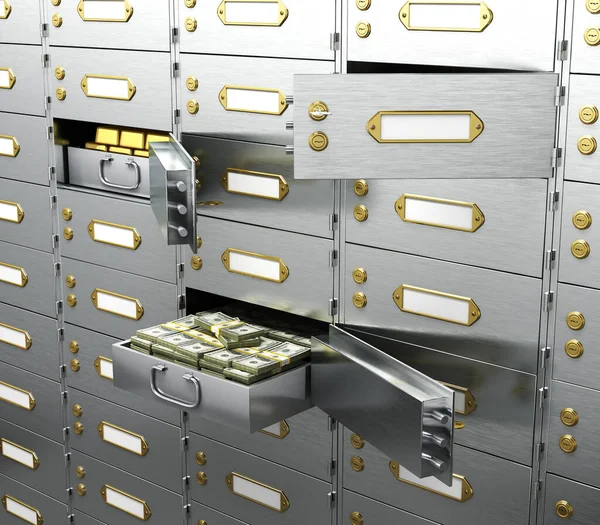 bank is a safe open cell with gold and money. 3D Illustration