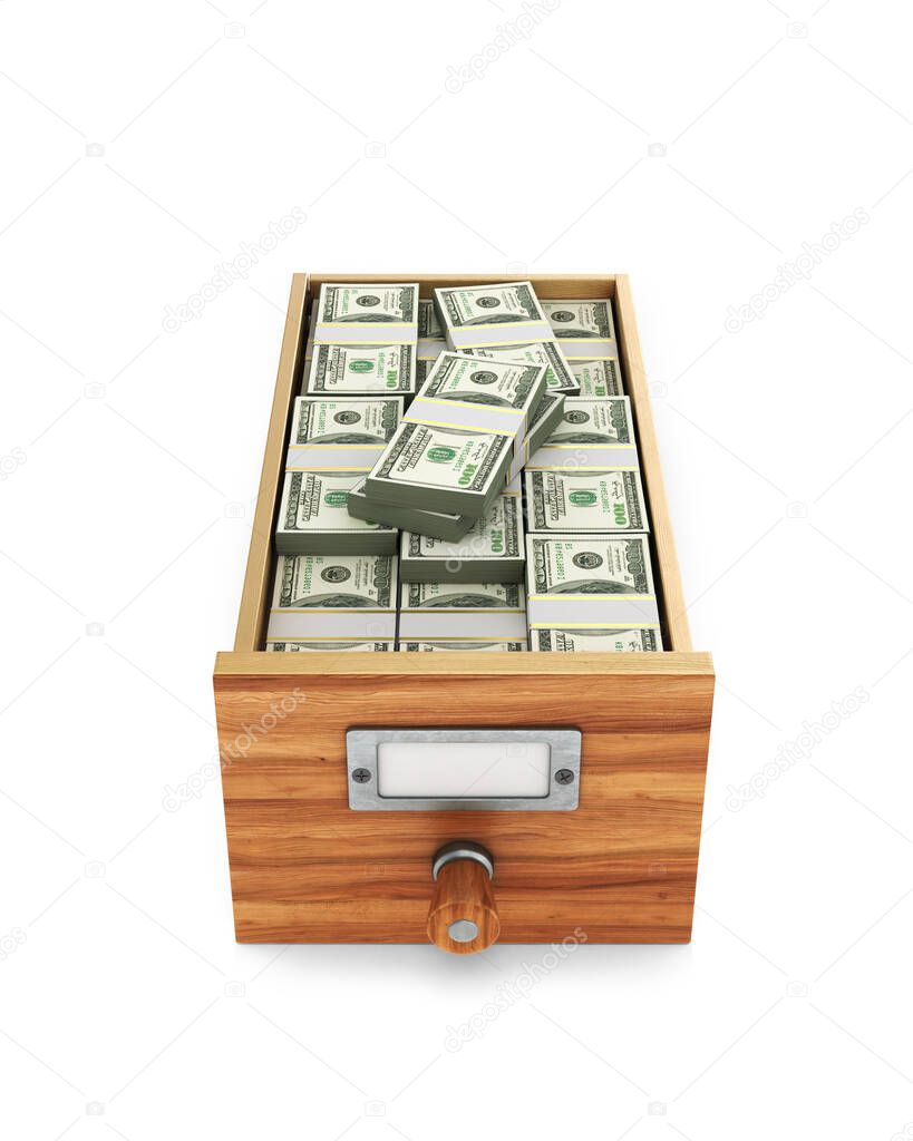 concept of storing money. The money is in the archive box. 3D illustration