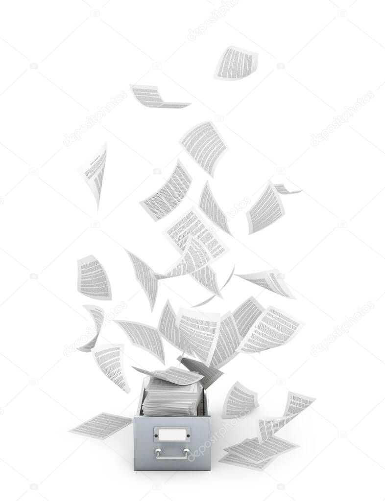 Archives and documents. Flying paper documents a metal box. 3D illustration