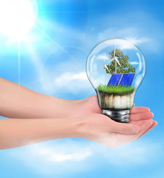 绿色能源概念 用太阳能电池握住灯的手 矢量说明 — 图库矢量图片