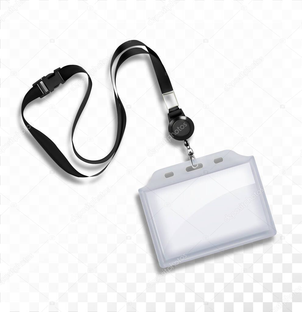 Plastic badge with a cord for cards. Vector illustration.