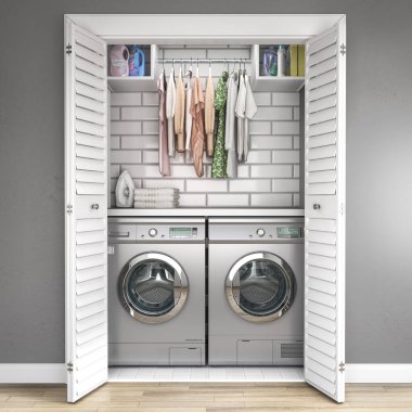 Ahşap zeminli çamaşır odası, dolapta çamaşır makinesi, gri duvar, raflar ve giysiler. 3d illüstrasyon 