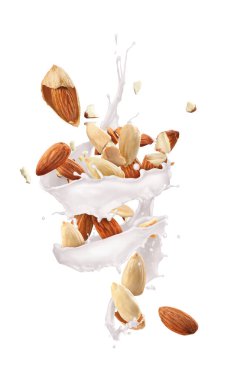 Beyaz bir zemin üzerinde badem olan süt kasırgası