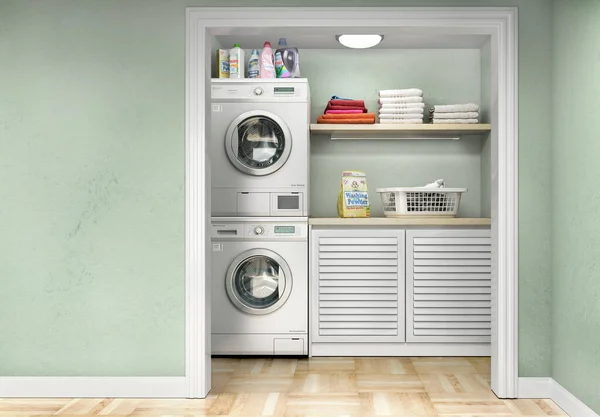有木地板的洗衣房 衣柜里的洗衣机 架子和衣服 3D说明 — 图库照片