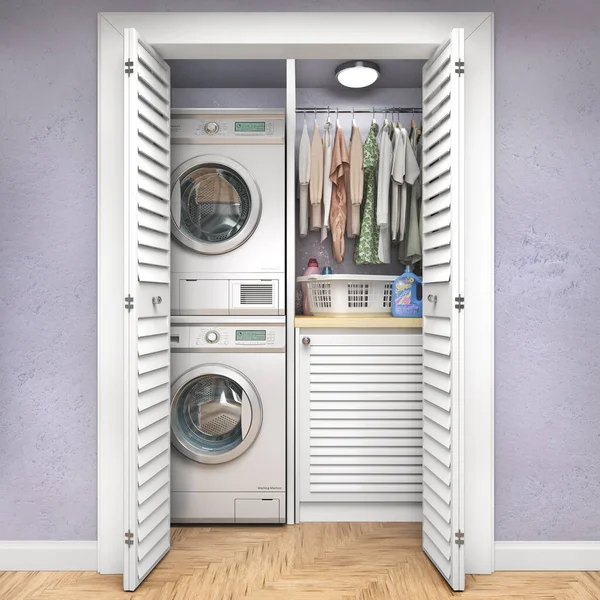 Ahşap Zeminli Çamaşır Odası Dolapta Çamaşır Makinesi Mavi Duvar Raflar — Stok fotoğraf