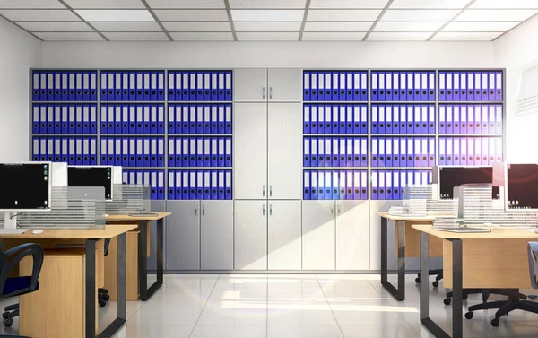 Archive, office space with a large metal cabinet for saving archive data. 3d illustration