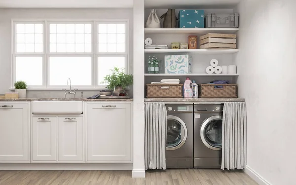 Laundry Room Wood Floor Washing Machine Closet White Wall Shelving — стоковое фото